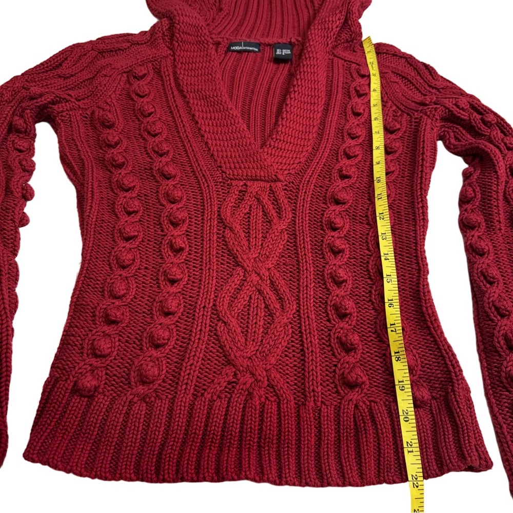 Moda International Red Cable Knit Hooded Sweater Small V Neck Pullover Vintage - Picture 7 of 8